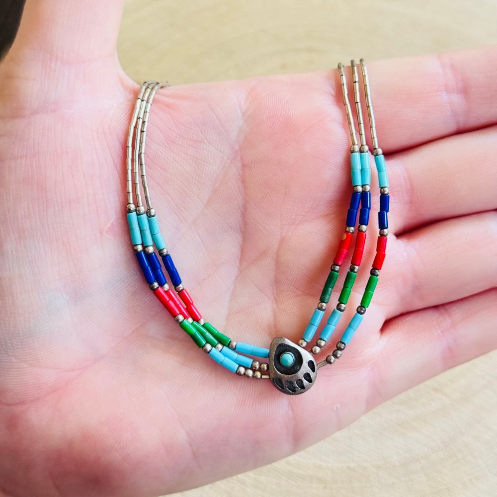 Coral VTG Navajo Necklace Bear Paw turquoise Beads Natural sterling 925 silver